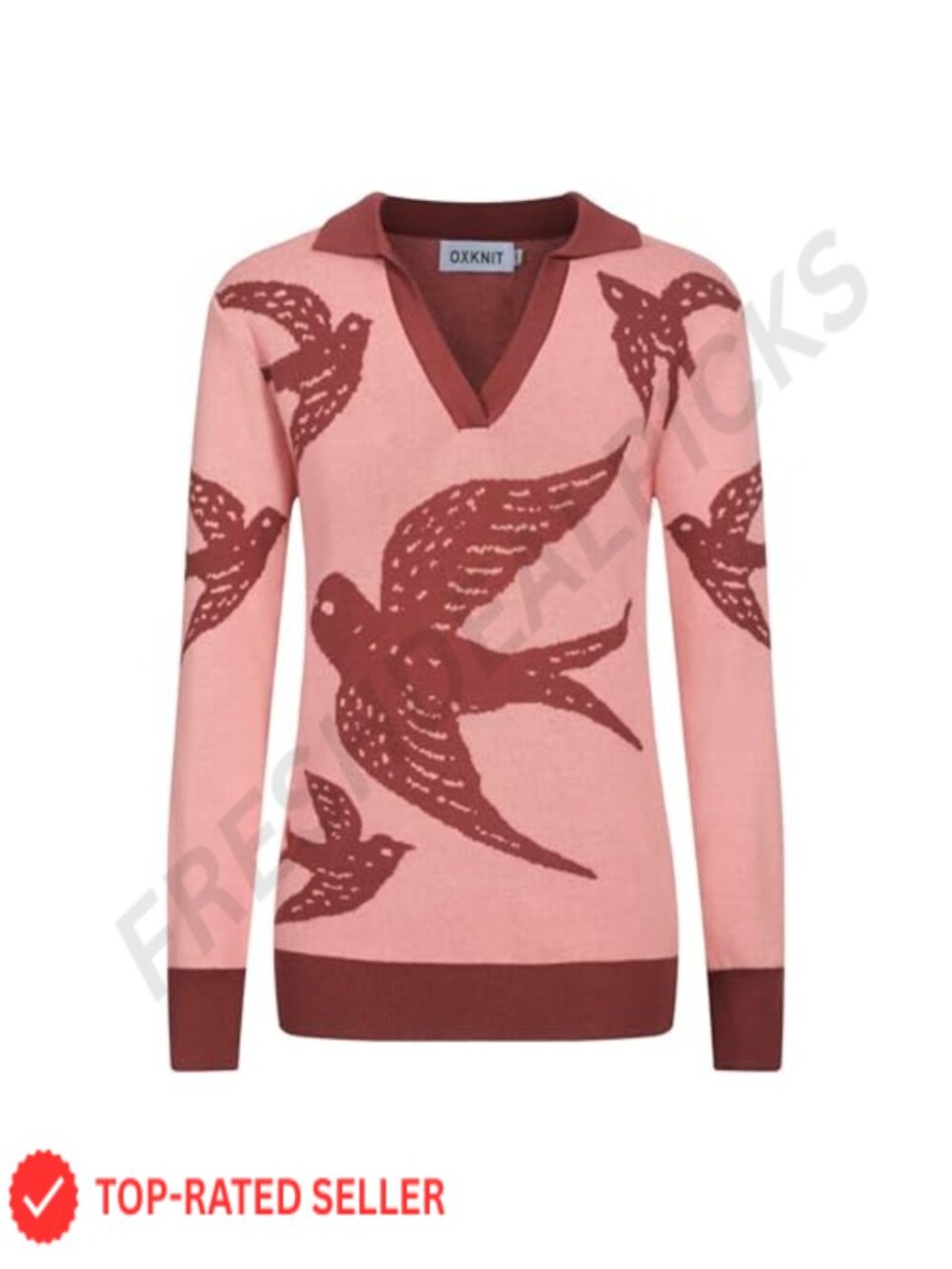 Women's Knit Long Sleeve Polo Shirt Retro Bird Pattern V-Neck Cotton Pullover